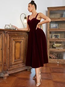 睫毛蕾絲邊褶皺絲絨吊帶連衣裙 - 紫紅色 - 查看 4