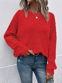 SHEIN LUNE Pointelle Knit Drop Shoulder Jumper - Red - View 6