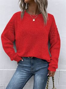 SHEIN LUNE Pointelle Knit Drop Shoulder Jumper - Red - View 7