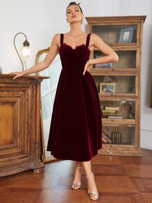 睫毛蕾絲邊褶皺絲絨吊帶連衣裙 - 紫紅色 - 查看 7