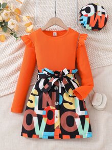 Girls Ruffle Trim Tee & Letter Graphic Belted Skirt - Multicolor - View 1
