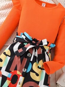 Girls Ruffle Trim Tee & Letter Graphic Belted Skirt - Multicolor - View 4