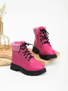 女孩加絨內裏前綁帶馬丁靴 - 玫紅色 - 查看 1