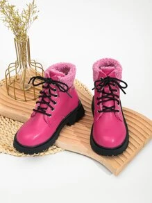 女孩加絨內裏前綁帶馬丁靴 - 玫紅色 - 查看 2