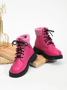 女孩加絨內裏前綁帶馬丁靴 - 玫紅色 - 查看 3