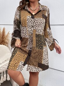 SHEIN LUNE Plus Patchwork & Leopard Print Shirt Dress - Multicolor - View 1