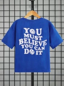 SHEIN 男孩卡通和標語圖案落肩T恤 - 寶藍色 - 查看 1