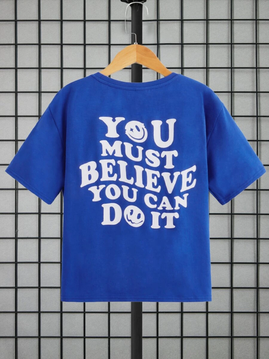 SHEIN 男孩卡通和標語圖案落肩T恤 - 寶藍色 - 查看 1