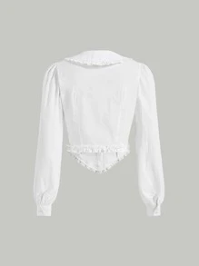 SHEIN MOD Frill Trim Button Front Asymmetrical Hem Shirt - White - View 7