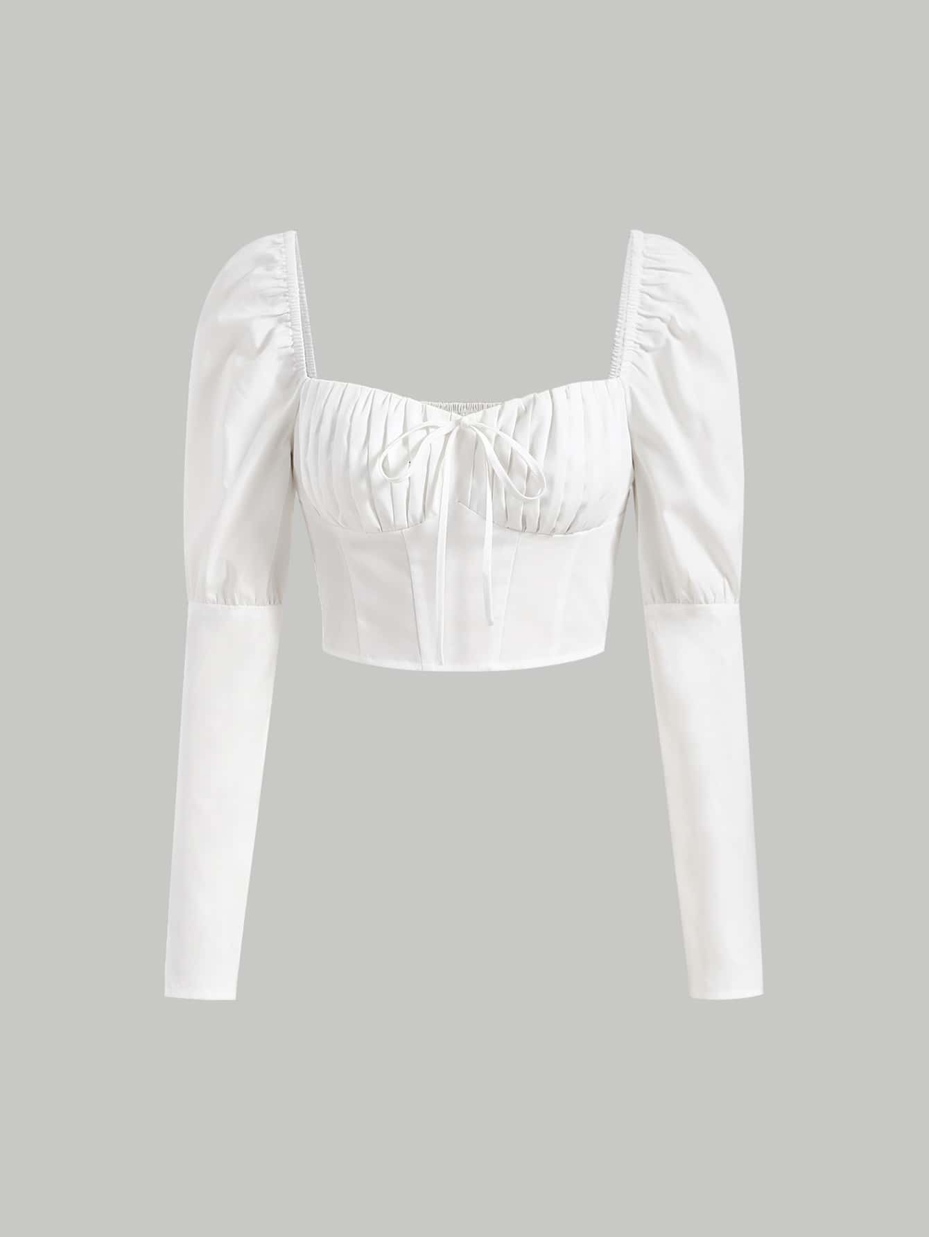SHEIN MOD Ruched Bust Knot Front Gigot Sleeve Crop Blouse - White - View 1