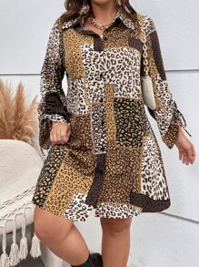 SHEIN LUNE Plus Patchwork & Leopard Print Shirt Dress - Multicolor - View 3