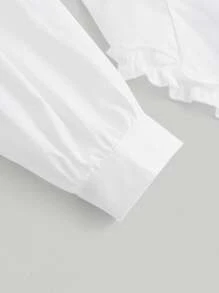 SHEIN MOD Frill Trim Button Front Asymmetrical Hem Shirt - White - View 6