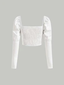 SHEIN MOD Ruched Bust Knot Front Gigot Sleeve Crop Blouse - White - View 2