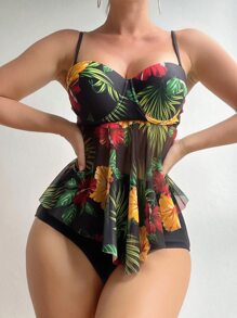 SHEIN Swim 花卉印花对比网眼聚拢泳衣，夏季海滩 - 彩色 - 查看 4