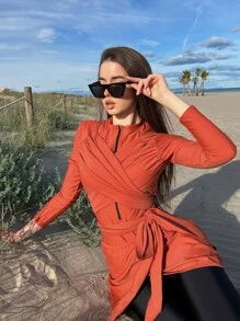 Swim Mulvari Color Block One Piece Burkini Swimsuit With Beach Skirt - Multicolor - View 3