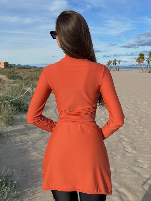 SHEIN Color Block One Piece Burkini Swimsuit With Beach Skirt SHEIN UK