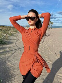 Swim Mulvari Color Block One Piece Burkini Swimsuit With Beach Skirt - Multicolor - View 5