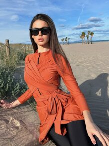 Swim Mulvari Color Block One Piece Burkini Swimsuit With Beach Skirt - Multicolor - View 6