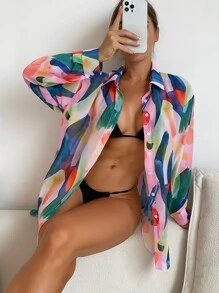 SHEIN Swim Allover Print Button Front Kimono Summer - Multicolor - View 3