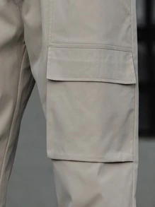 Manfinity Men Flap Pocket Drawstring Waist Cargo Trousers - Khaki - View 4