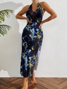 Cover up con estampado de mármol panel con malla de muslo con abertura halter - Multicolor - Ver 4