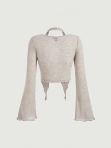 SHEIN MOD Lettuce Trim Lace Up Front Asymmetrical Hem 2 In 1 Tee - Beige - View 9