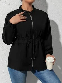 SHEIN Clasi 大尺碼有拉鍊的夾克,襞邊領子設計 - 黑色 - 查看 4