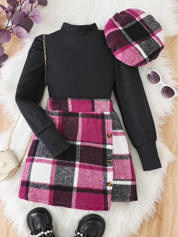 SHEIN Tween Girl Mock Neck Tee & Plaid Print Asymmetrical Hem Skirt