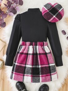 SHEIN Tween Girl Mock Neck Tee & Plaid Print Asymmetrical Hem Skirt