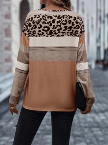 SHEIN LUNE 豹纹印花拼色落肩 T 恤 图案猎豹印花 T 恤 女式上衣 - 棕色 - 查看 2