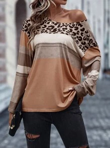 SHEIN LUNE 豹纹印花拼色落肩 T 恤 图案猎豹印花 T 恤 女式上衣 - 棕色 - 查看 6