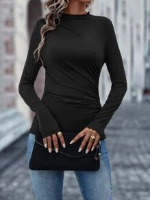 SHEIN Unity 小高領褶邊T恤 - 黑色 - 查看 5