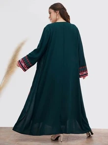 Al Najma Abaya con estampado geométrico manga de campana con parte delantera abierta - Verde Oscuro - Ver 2