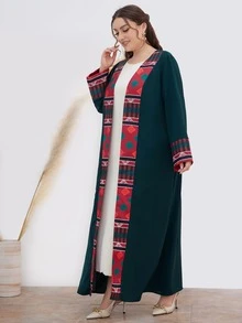 Al Najma Abaya con estampado geométrico manga de campana con parte delantera abierta - Verde Oscuro - Ver 3