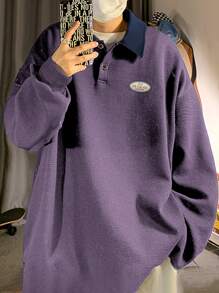 Manfinity Hypemode Men Letter Patched Contrast Collar Polo Shirt - Dusty Purple - View 1