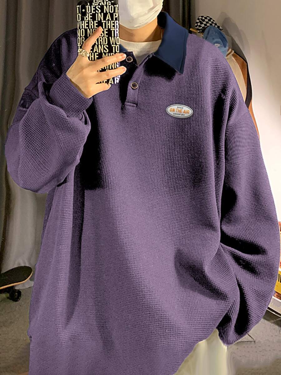 Manfinity Hypemode Men Letter Patched Contrast Collar Polo Shirt - Dusty Purple - View 1