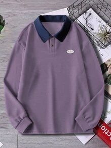 Manfinity Hypemode Men Letter Patched Contrast Collar Polo Shirt - Dusty Purple - View 4