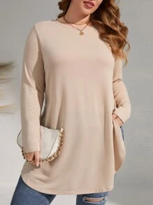 SHEIN LUNE 大碼素色弧形下擺T恤 - 杏色 - 查看 1