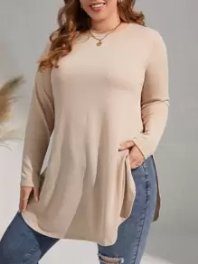 SHEIN LUNE 大碼素色弧形下擺T恤 - 杏色 - 查看 3