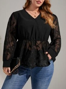 SHEIN Privé 大碼花卉圖案燈籠袖荷葉邊下擺襯衫 - 黑色 - 查看 1