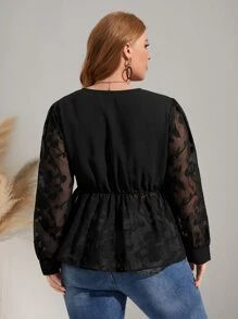 SHEIN Privé 大碼花卉圖案燈籠袖荷葉邊下擺襯衫 - 黑色 - 查看 2