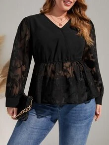 SHEIN Privé 大碼花卉圖案燈籠袖荷葉邊下擺襯衫 - 黑色 - 查看 3