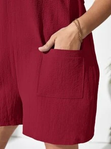 SHEIN VCAY 大碼口袋貼布打結細節連身短褲 - 酒紅色 - 查看 6