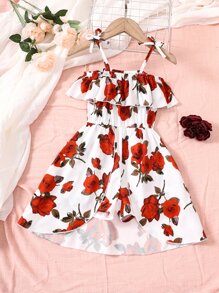 Toddler Girls Floral Print Ruffle Trim Overlay Cami Romper - Red and White - View 1