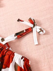 Toddler Girls Floral Print Ruffle Trim Overlay Cami Romper - Red and White - View 3