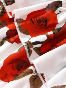 Toddler Girls Floral Print Ruffle Trim Overlay Cami Romper - Red and White - View 5