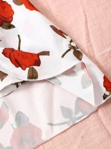 Toddler Girls Floral Print Ruffle Trim Overlay Cami Romper - Red and White - View 6