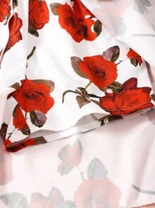 Toddler Girls Floral Print Ruffle Trim Overlay Cami Romper - Red and White - View 7