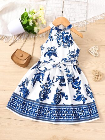 SHEIN Young Girl Blue & White Floral Print Style Halter Neck Vacation Dress For Summer,Holiday,Summer,Travel