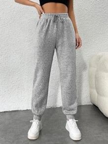 SHEIN PETITE Drawstring Waist Slant Pocket Sweatpants Graduation,Back To School Outfits,Graduation,Teacher Outfits For Women,Back To School - Light Grey - View 1